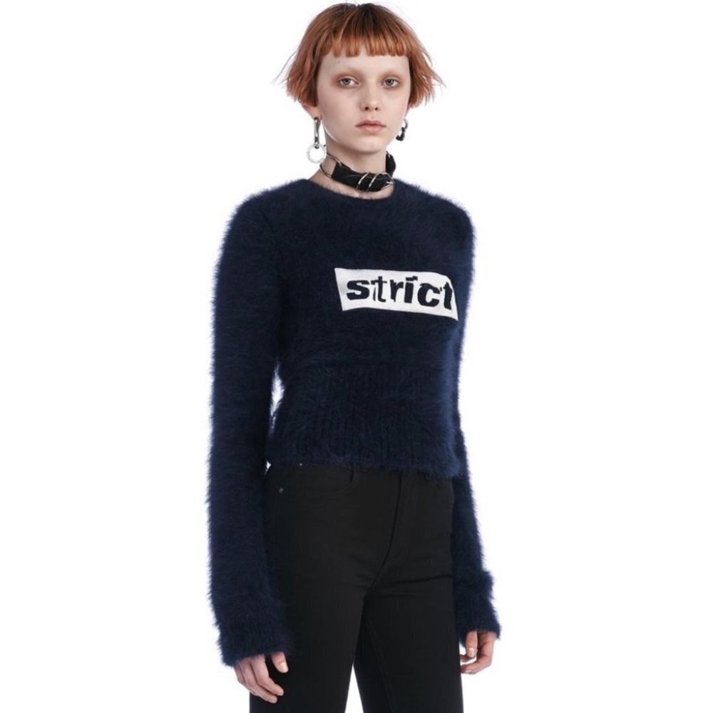 Alexander Wang Strict embroidered Blue white Angora Wool ‘shrunken’ sweater XS